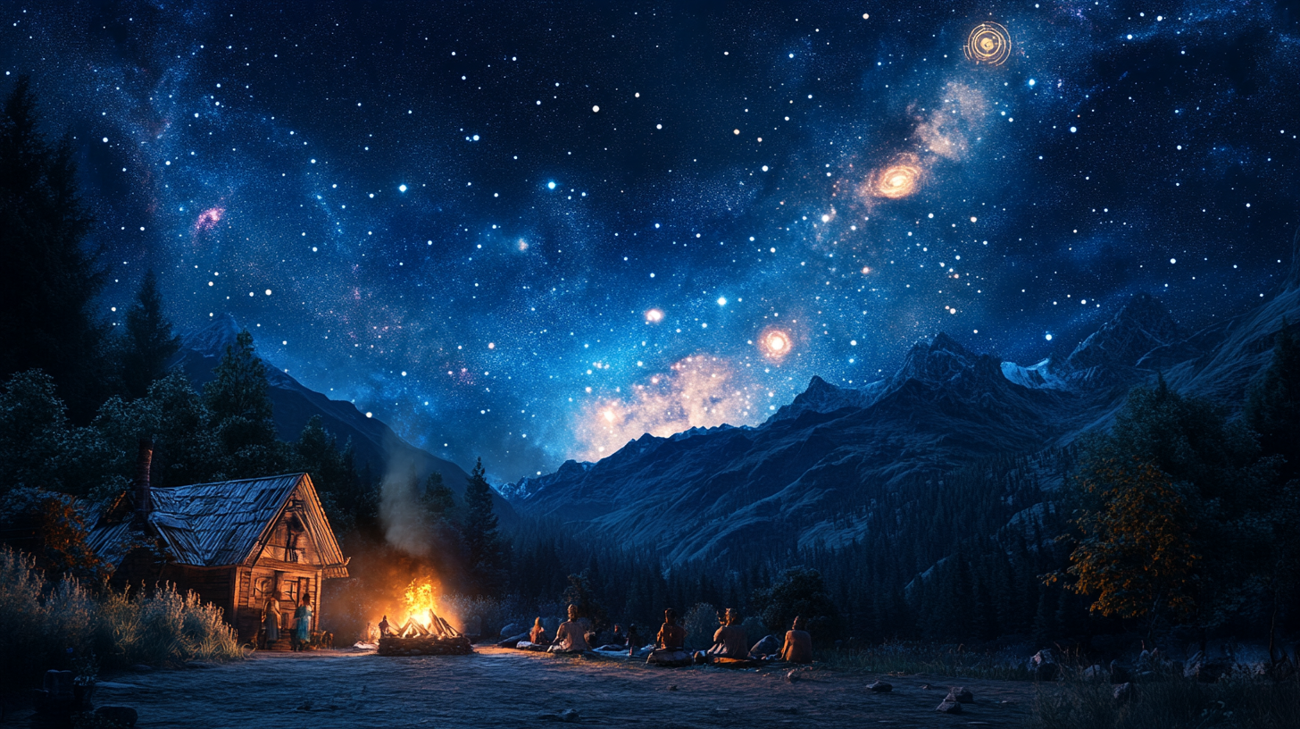 Night sky with stars, star signs, village with campfire.