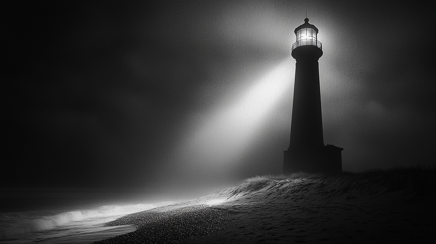 Night-time lighthouse photography, detailed texture, cinematic lighting detail.