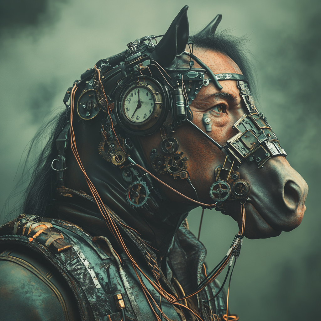 Nomad Kazakh warrior cyborg portrait with mechanical horse.