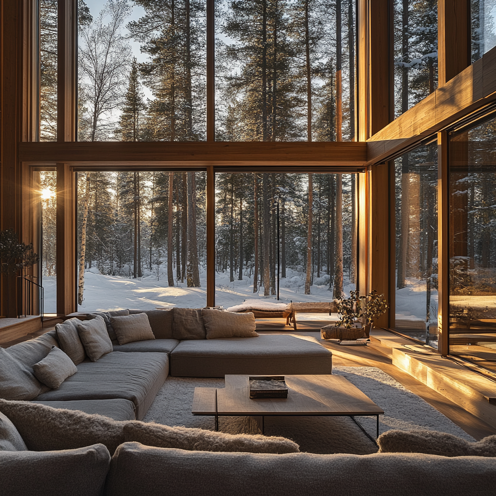 Nordic style home with wood, windows & cozy lighting.