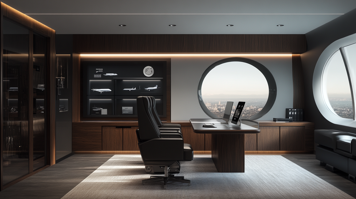 Office with design desks where customers customize aircraft interior.