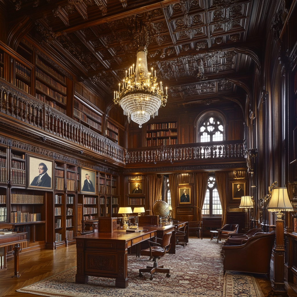 Old, elegant library with dark wood walls, leather books.