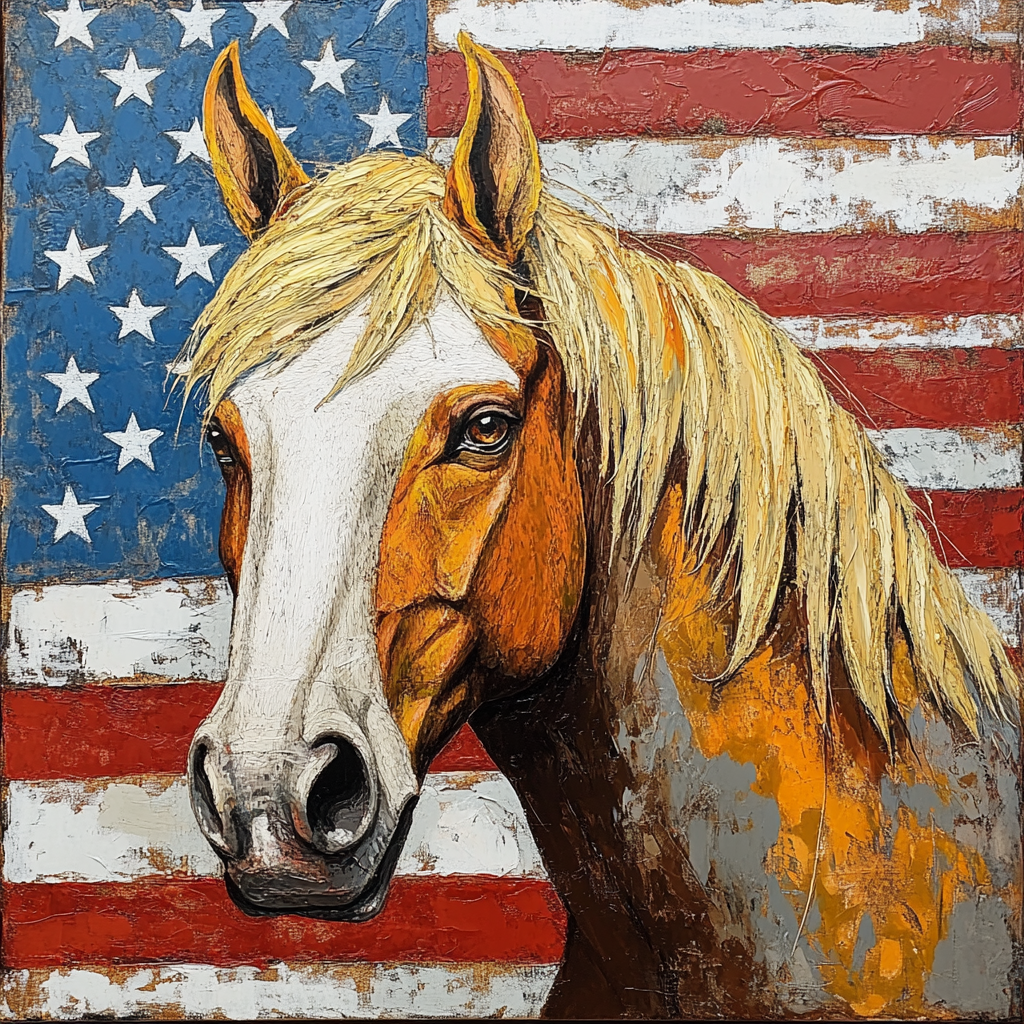 Old horse with yellow combover, orange face, American flag.