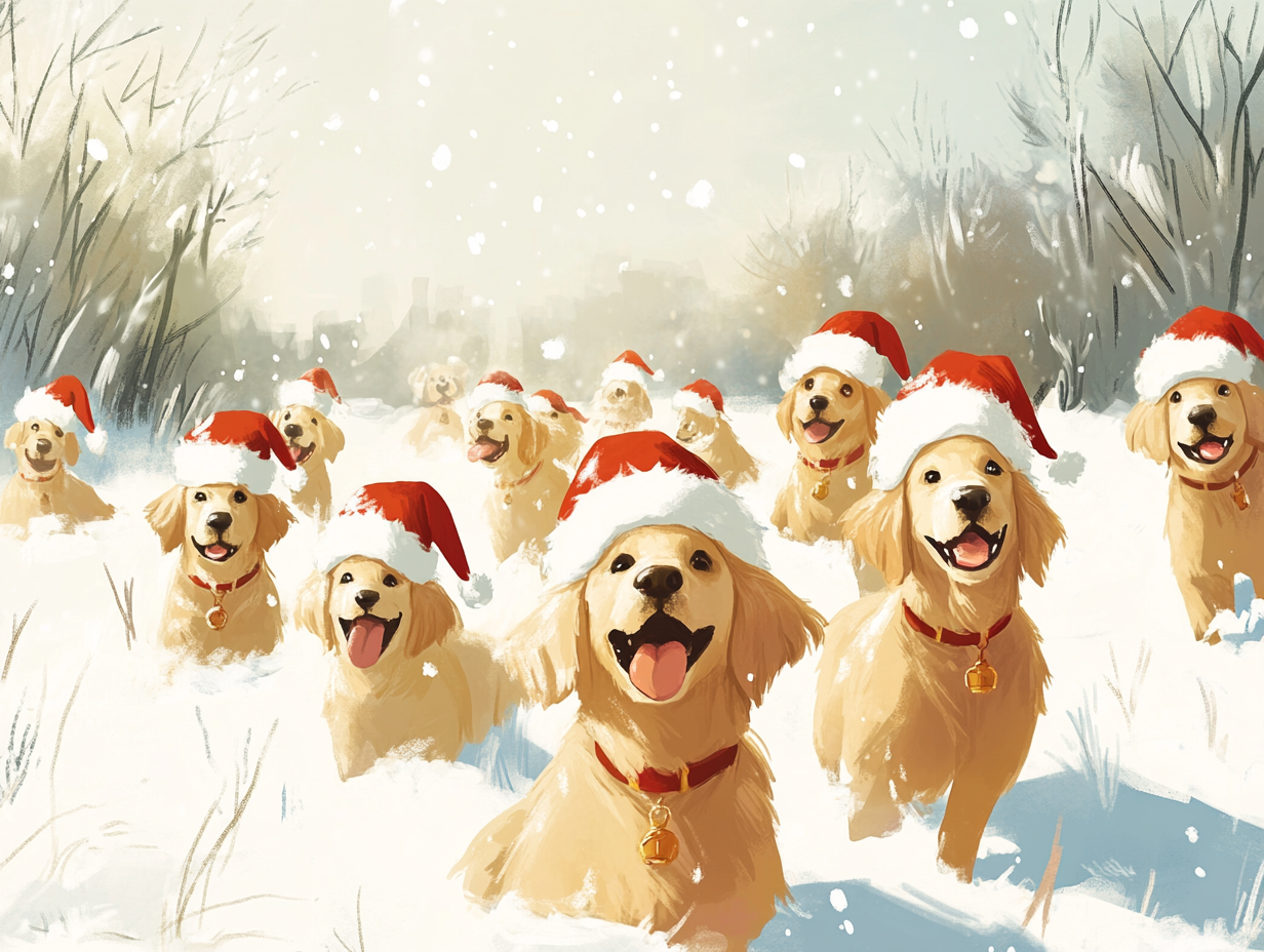 Oliver Jeffers style: Golden Retrievers w/ Santa hats playing.