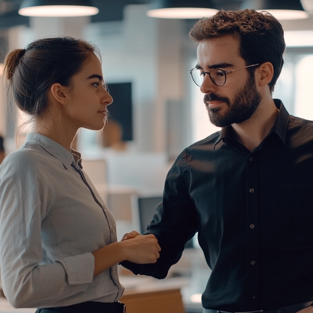 One worker presents arm, other looks uncomfortable, cinematic.