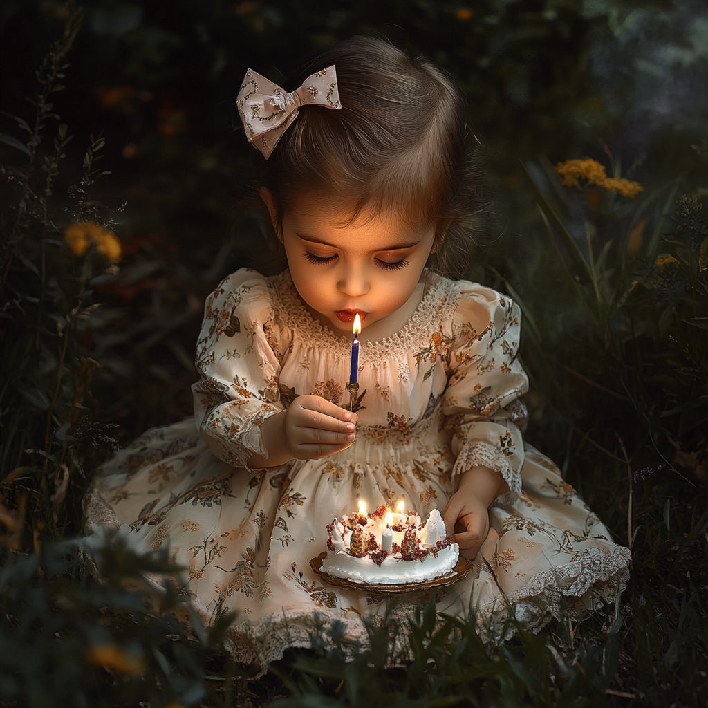 One-year-old Iranian girl blowing birthday candle in dress.