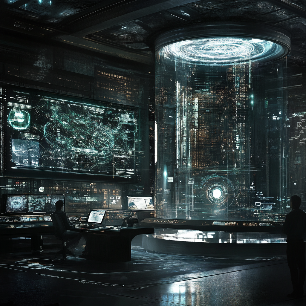 Opposing superpowers control rooms with advanced technology and holographics.