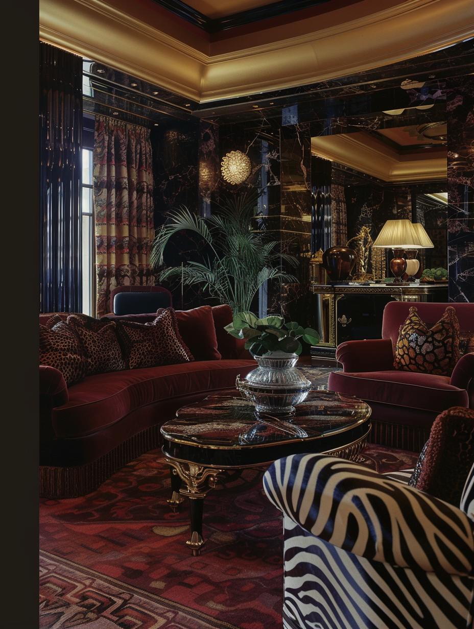 Opulent Art Deco living room with zebra print accents.