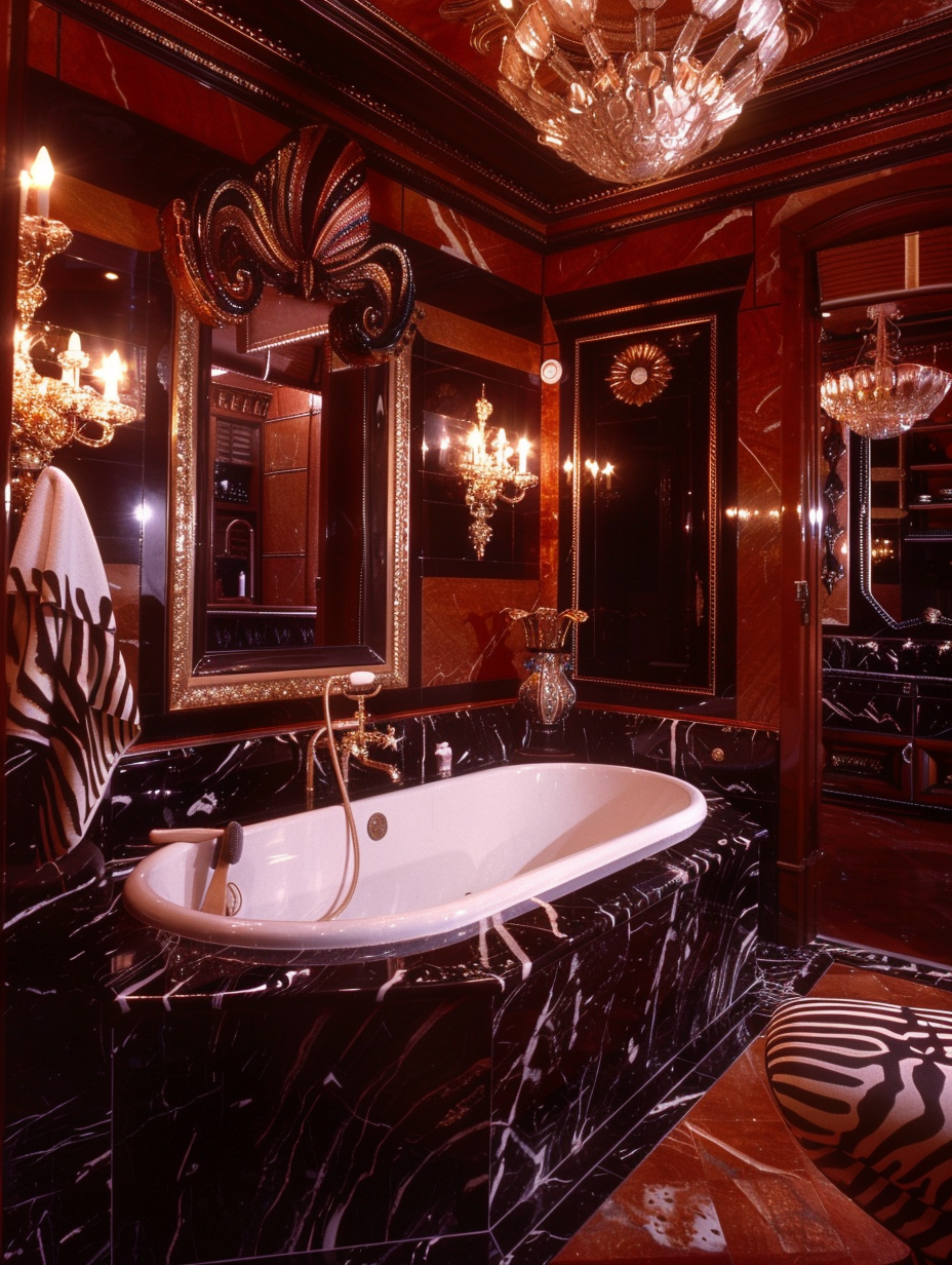 Opulent bathroom with zebra print sink and black marble.