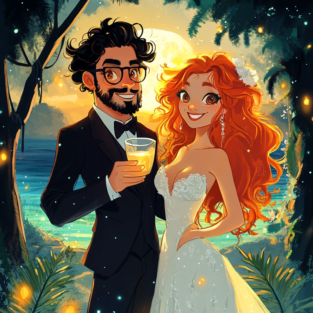 Orange-haired woman in wedding dress cheers with mustached man.