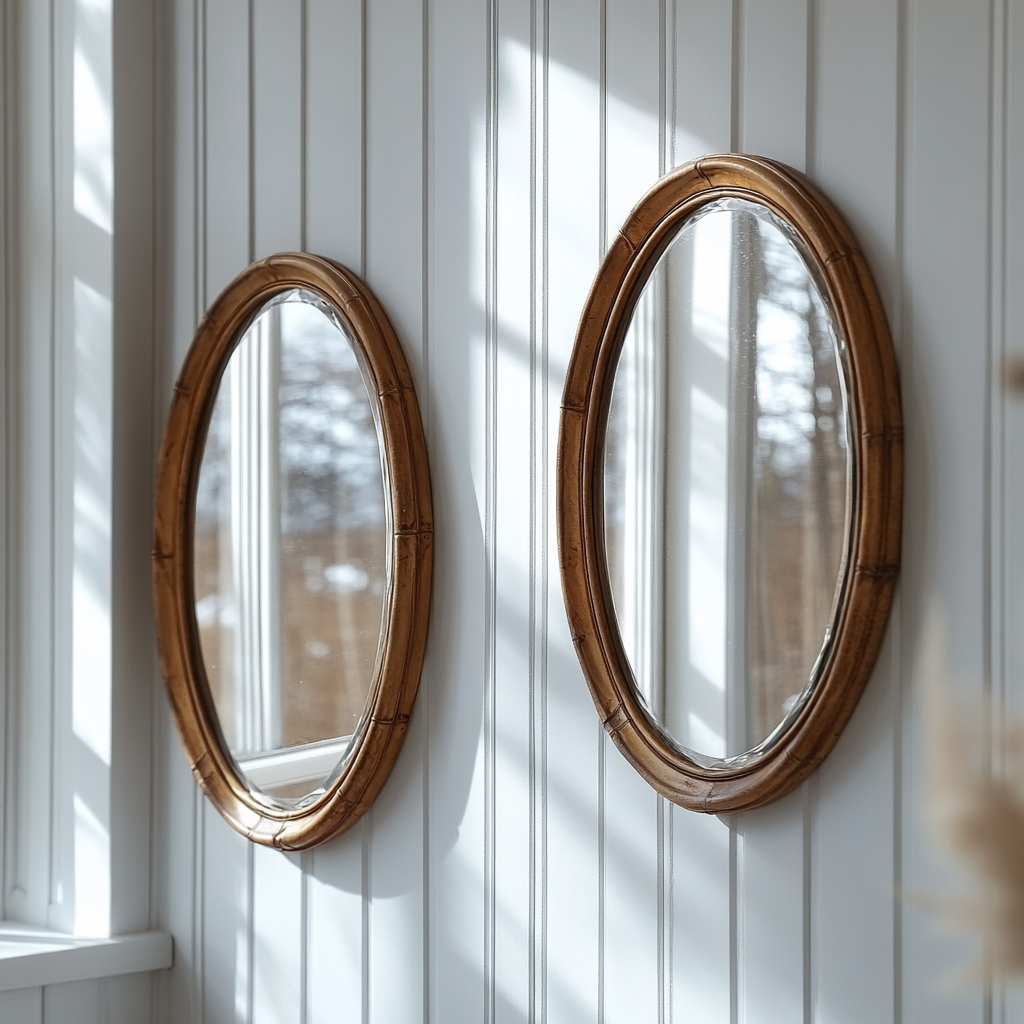 Oval crystal mirrors with wooden frames in old gold.