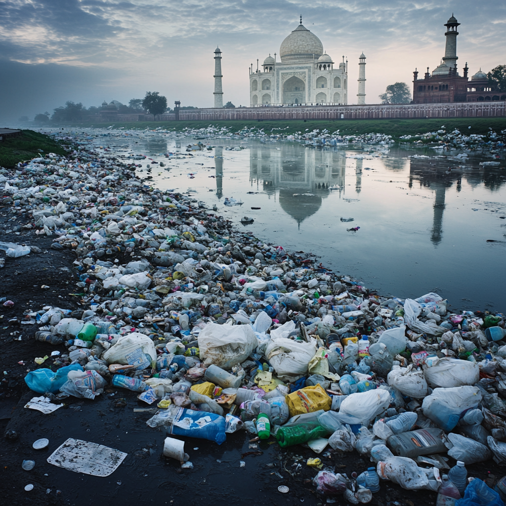 Overflowing plastic waste in Indian streets, rivers, landscapes. Taj Mahal visible.