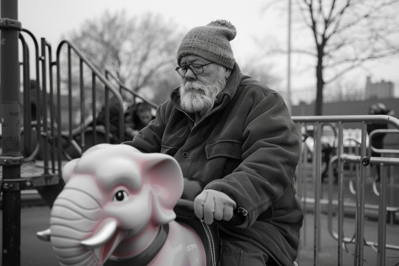 Overweight man in winter jacket rides pink elephant.