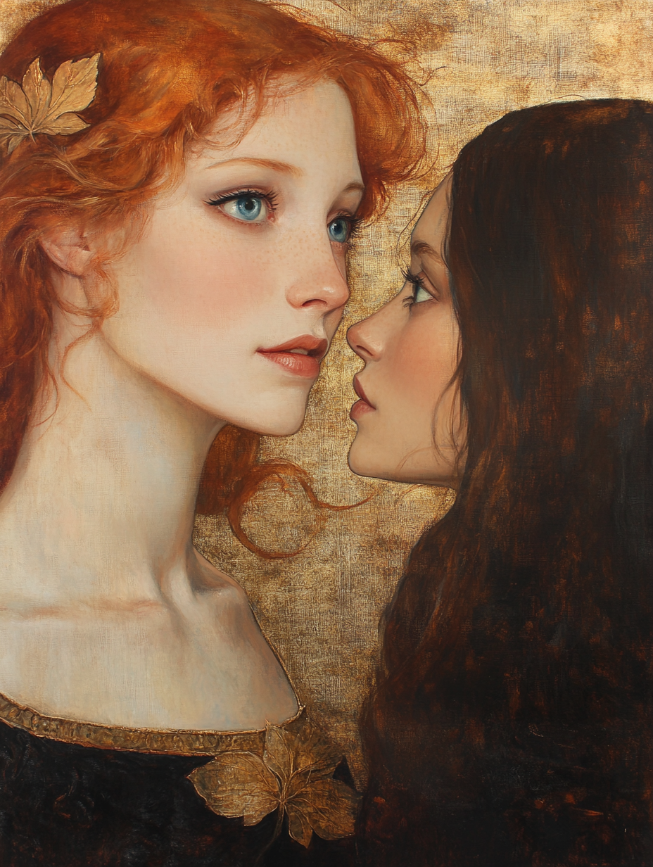 Painting of Red-Haired Female Couple in Gold Leaf