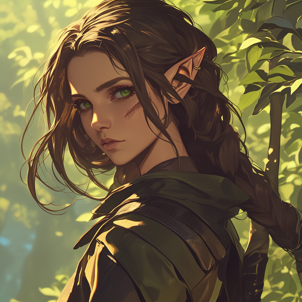 Pale-skinned elf with brown hair and green eyes.