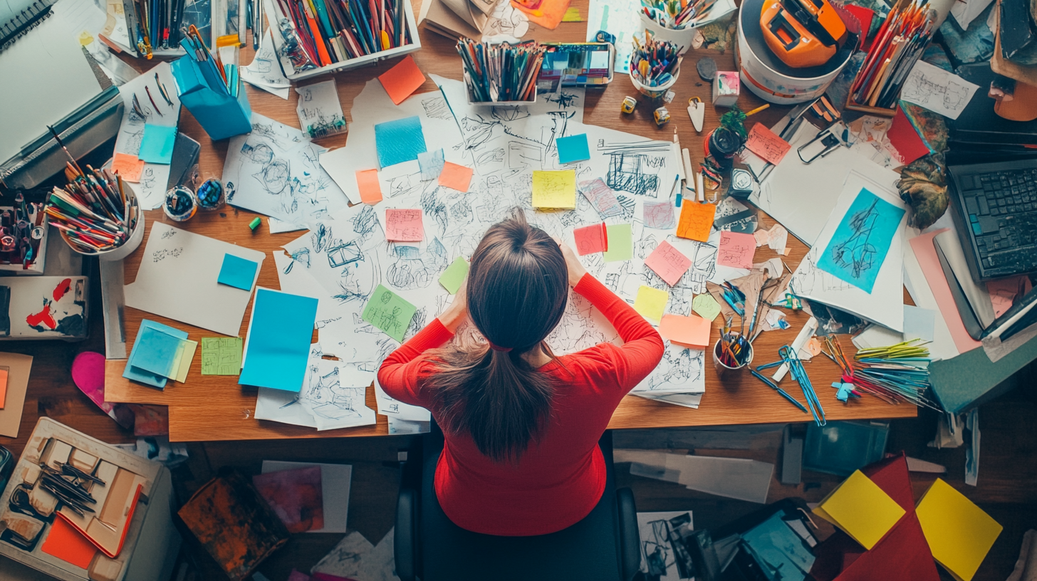 Passionate middle-aged woman brainstorming at cluttered desk.