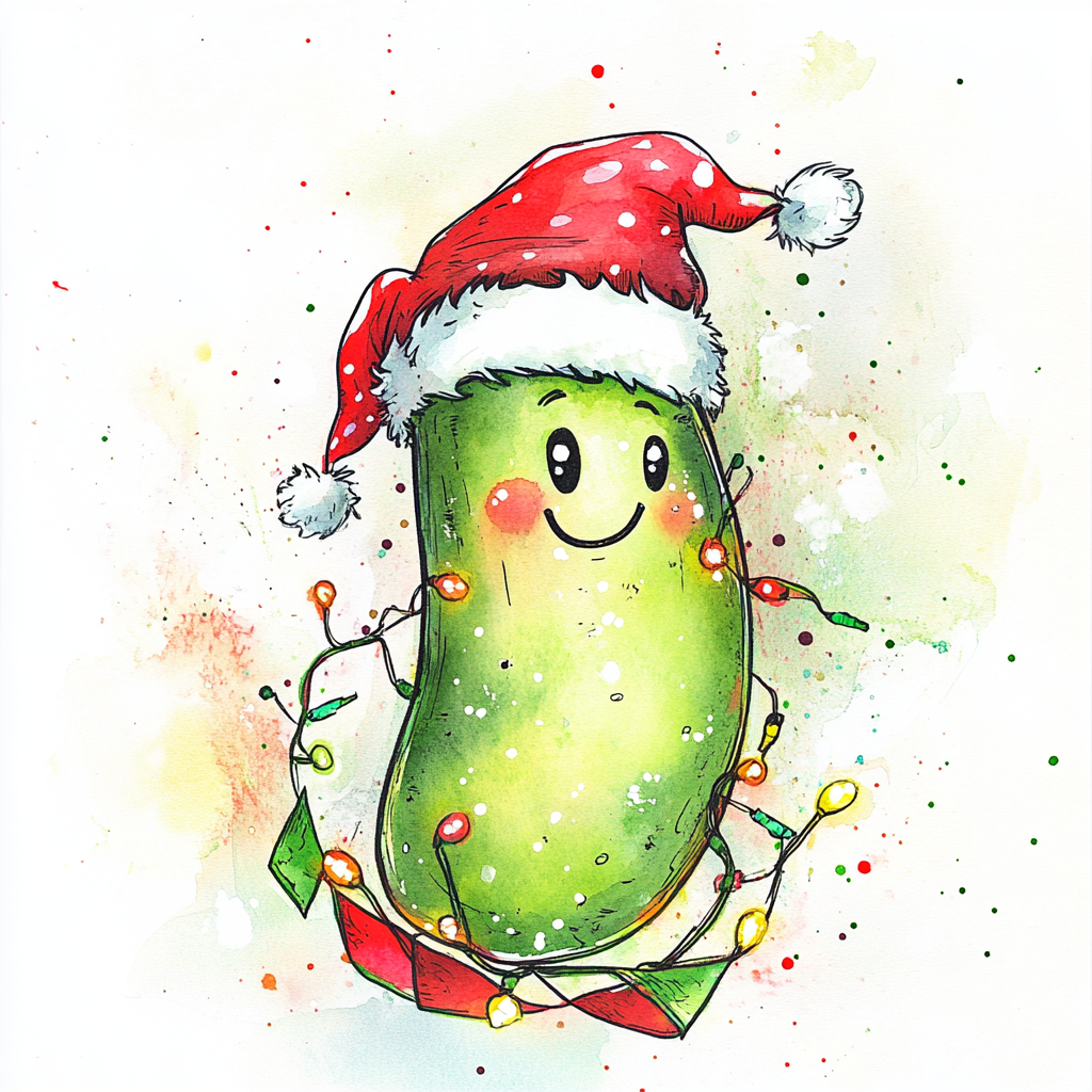 Pea with Santa hats, smiling, with ribbon and lights.