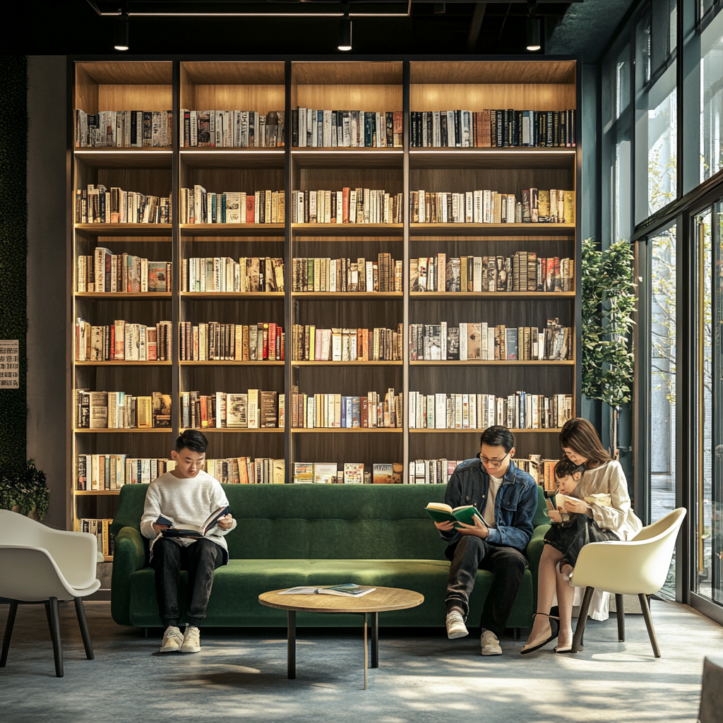 People reading books in modern, cozy library setting.