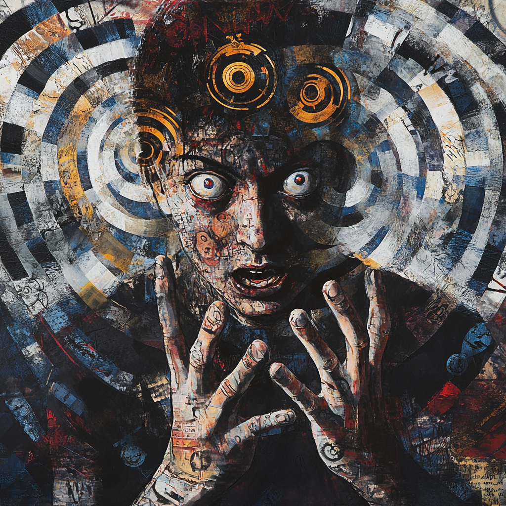 Person with intense expression surrounded by swirling patterns.