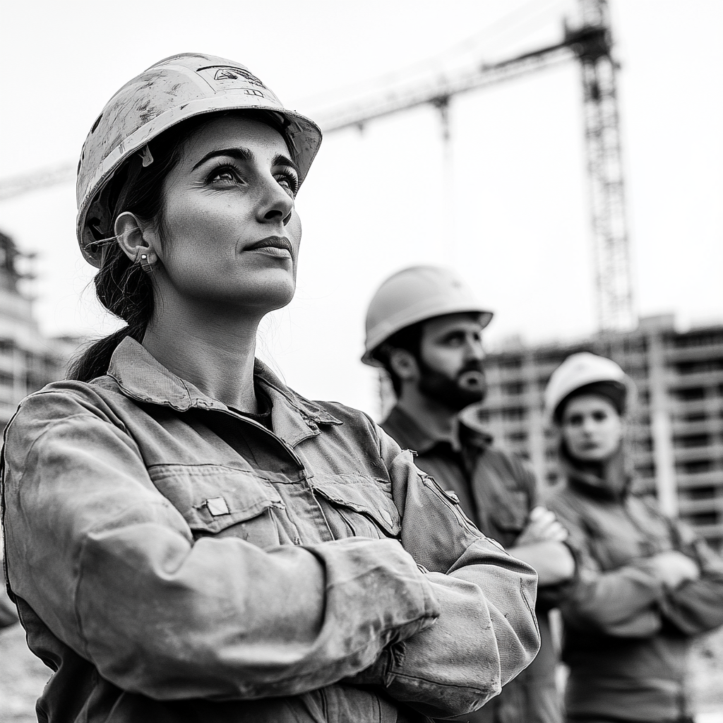 Photo of Moroccan man, European woman, workers in construction.