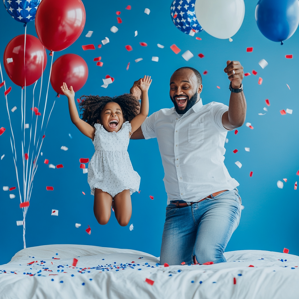 Photograph shows happy African American dad and daughter.