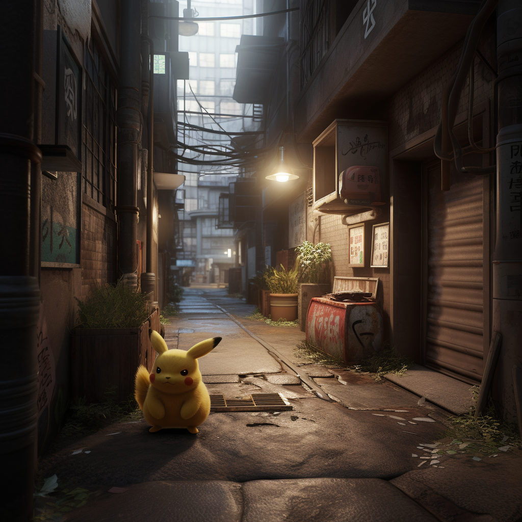 Photorealistic Pikachu with fluffy fur in Japanese alleyway