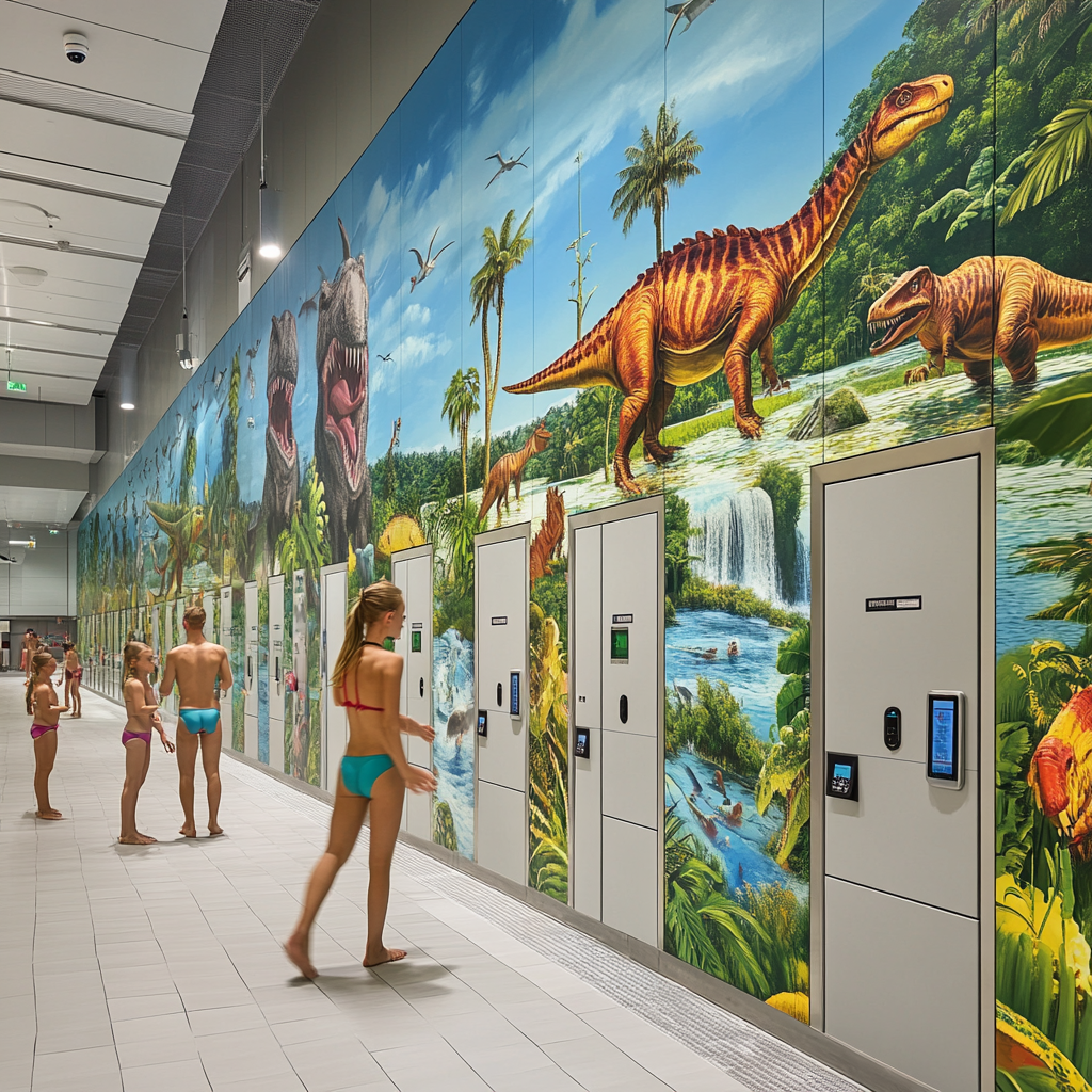 Photorealistic image of RFID lockers in wall with people.