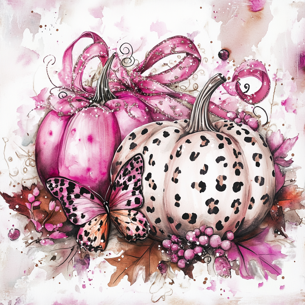 Pink fall season illustration with sparkling pumpkins and butterflies