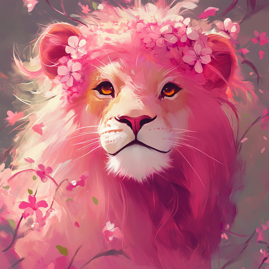 Pink lion with long hair, big eyes, bright colors.