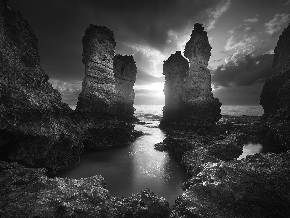 Pinnacle limestone rocks at sunset on stormy ocean.