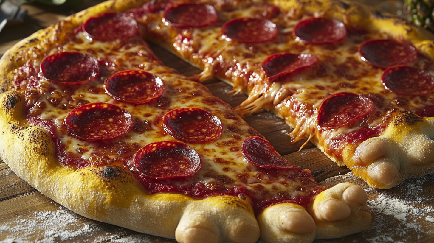 Pizza shaped like two feet with pepperoni and ananas.