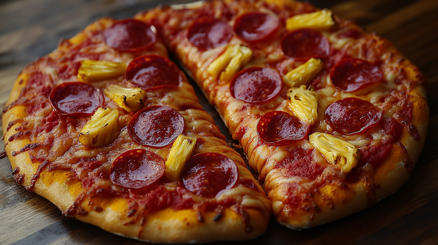 Pizza with pepperoni and ananas, shaped like feet.