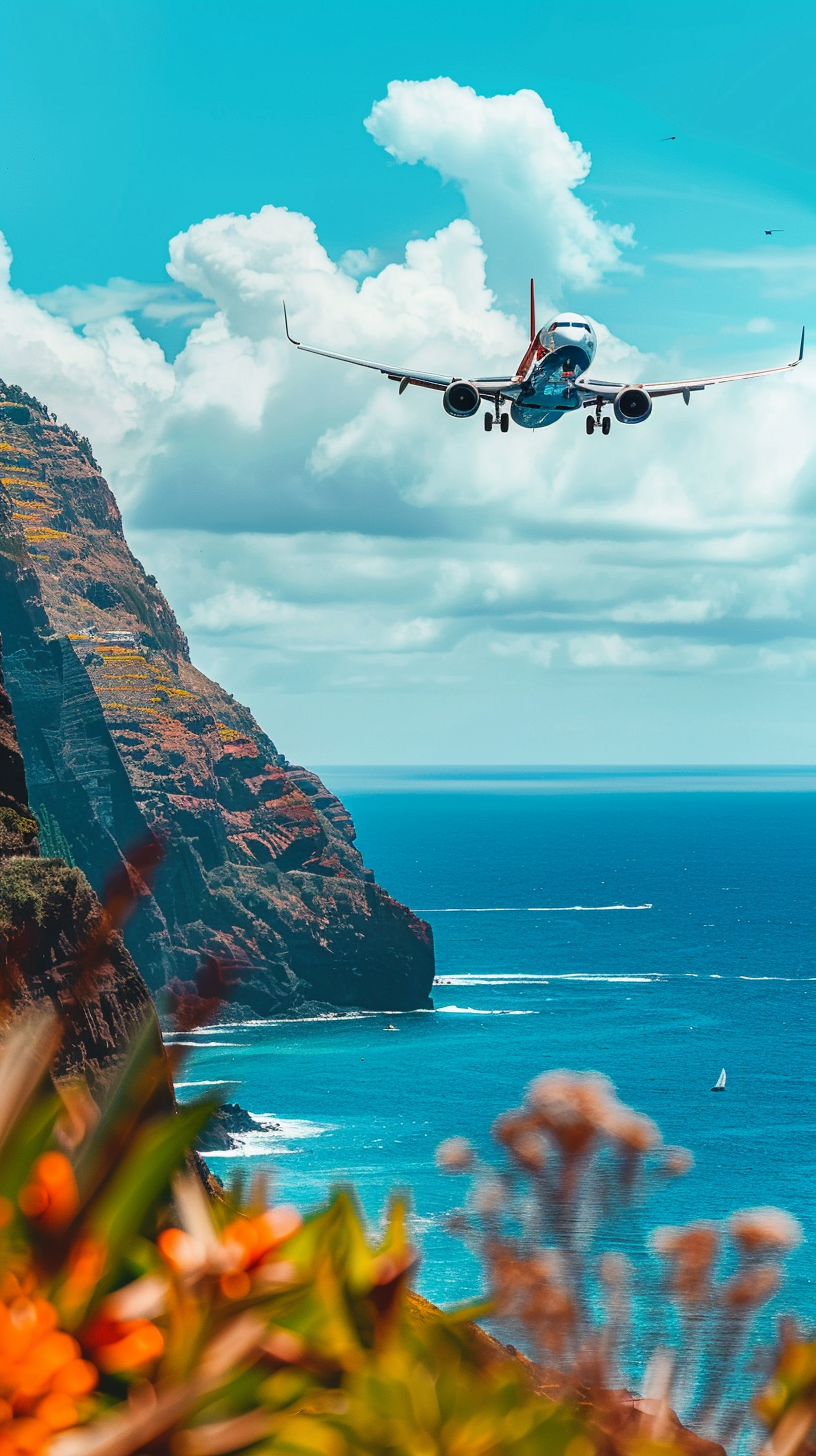 Plane landing awkwardly off balance at Madeira Airport.