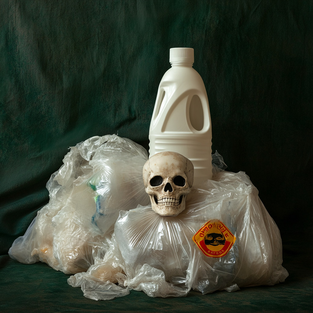 Plastic bags and bottles littered on floor, caution skull.