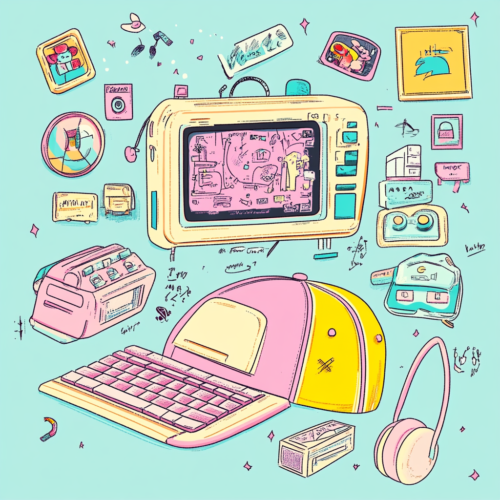 Playful tech illustration with retro gadget and fashion cap.