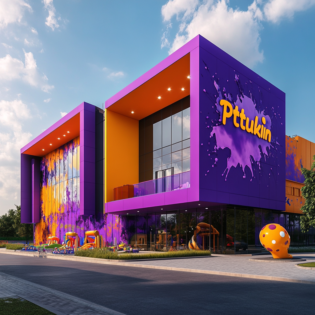 Playroom facade with purple and orange colors, Petukin character