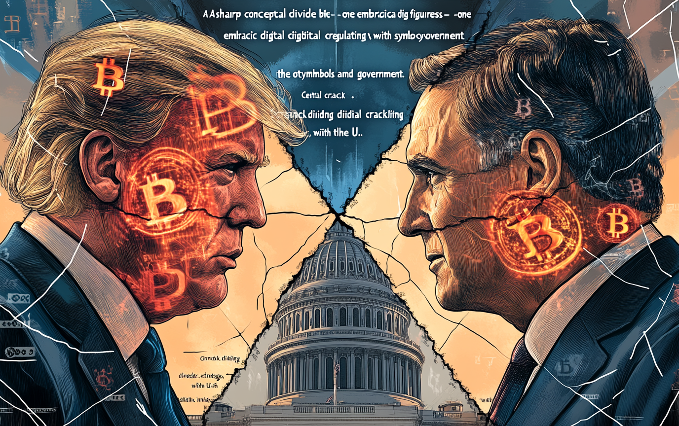 Political figures divided by Bitcoin-NFT chaos vs. law symbol.