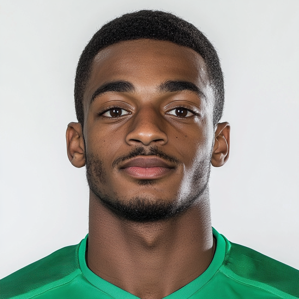 Portrait of 21 year old footballer, French descent, smiling.