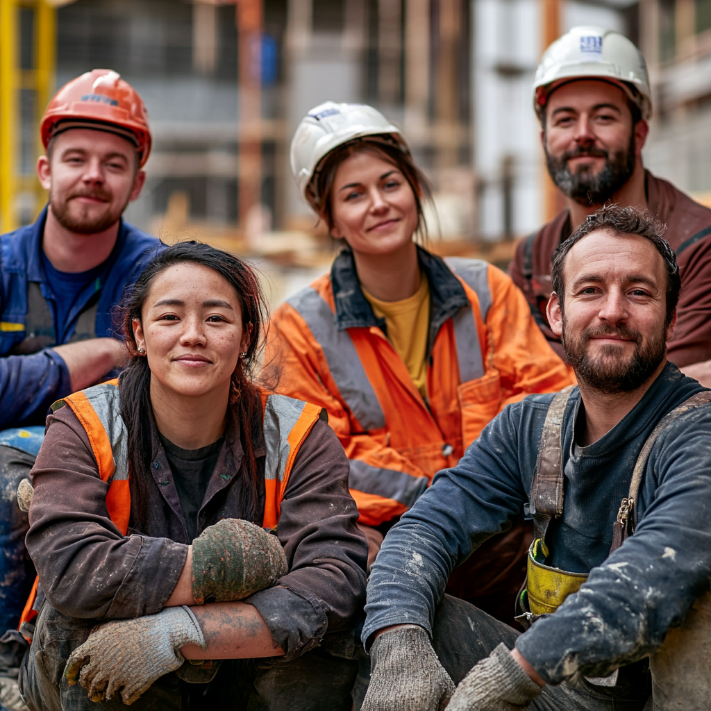 Portrait of 5 diverse workers on construction site. Proud.