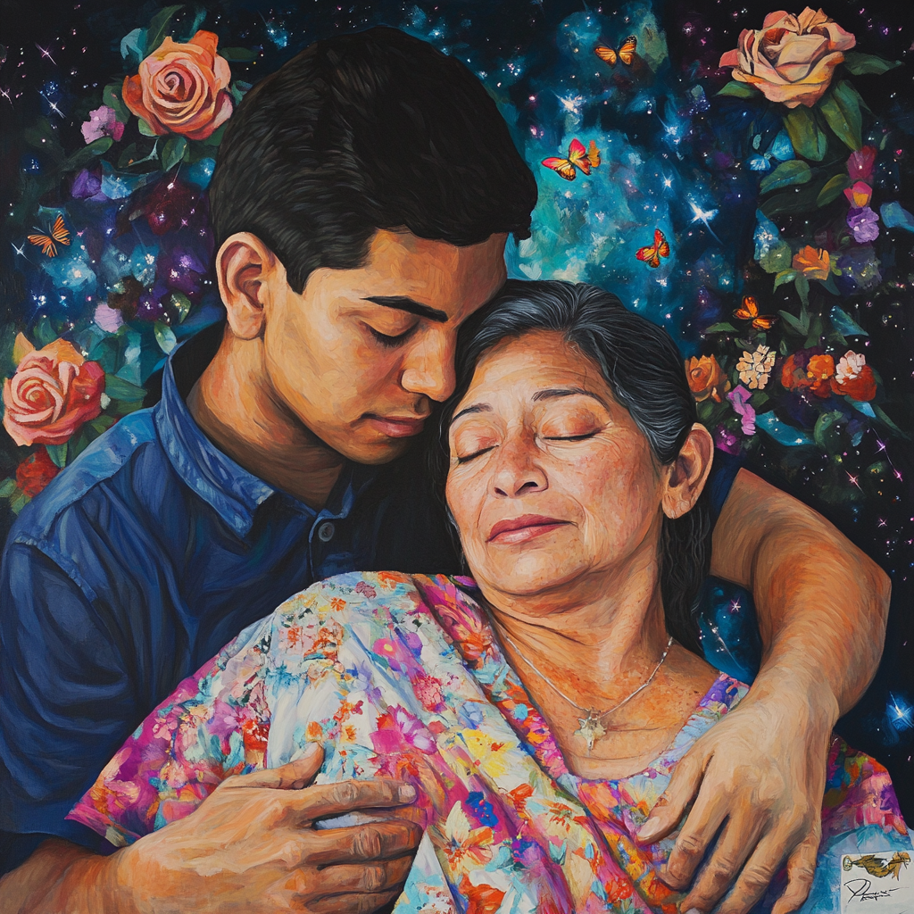 Portrait of Henry Vasquez embracing mother, radiating warmth.