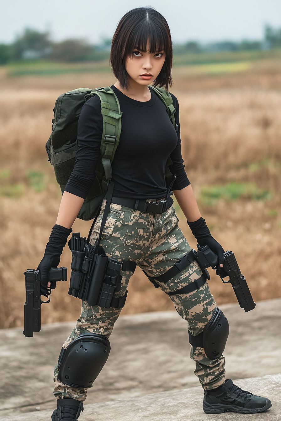 Portrait of Thai woman with short hair holding pistols.