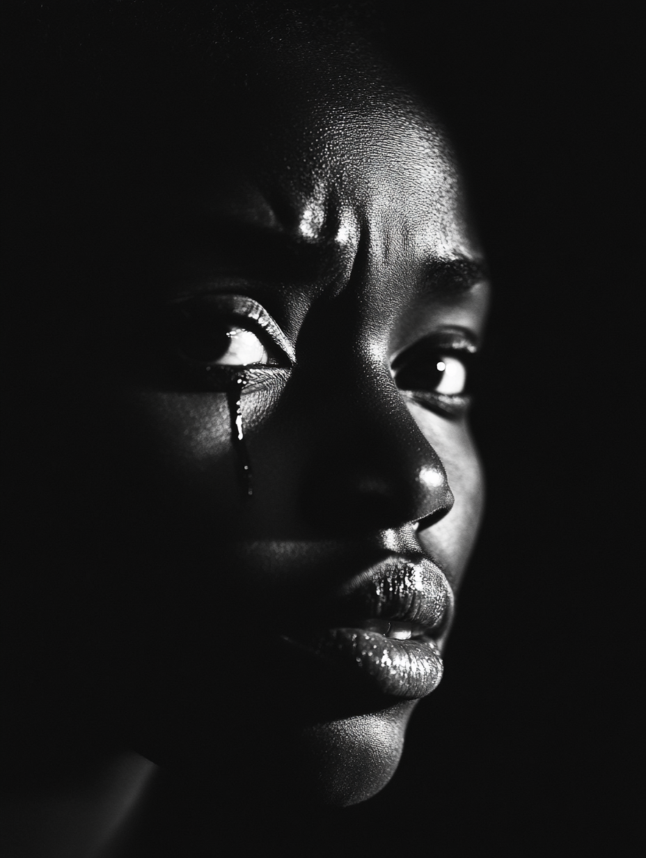 Portrait of emotional African woman with tears in eyes.