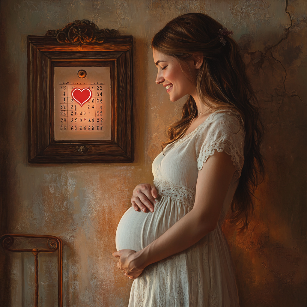 Pregnant woman smiling at heart circled date on calendar.