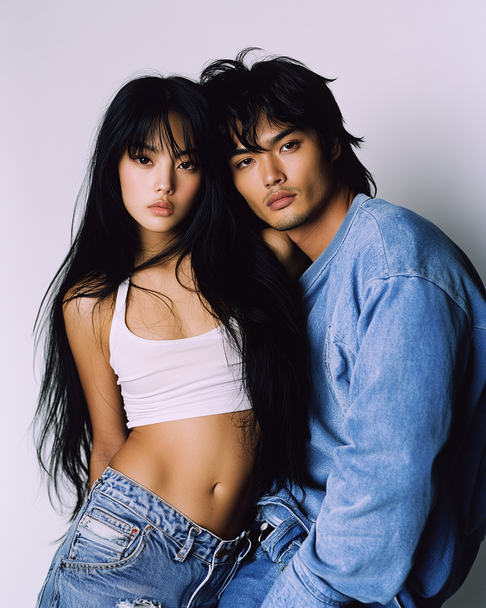 Pretty Asian girl with boyfriend, high fashion magazine cover.