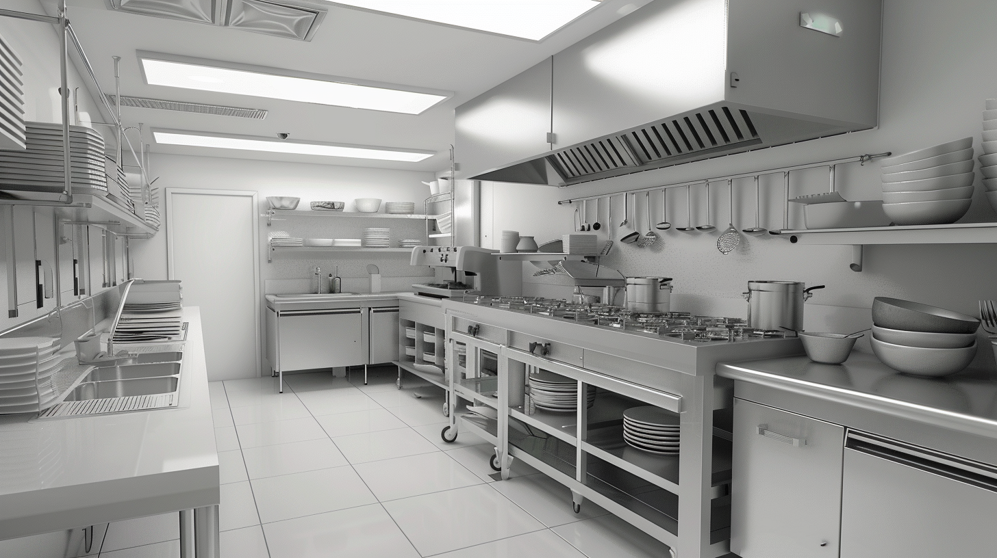 Professional White & Silver Restaurant Kitchen with Cool Storage