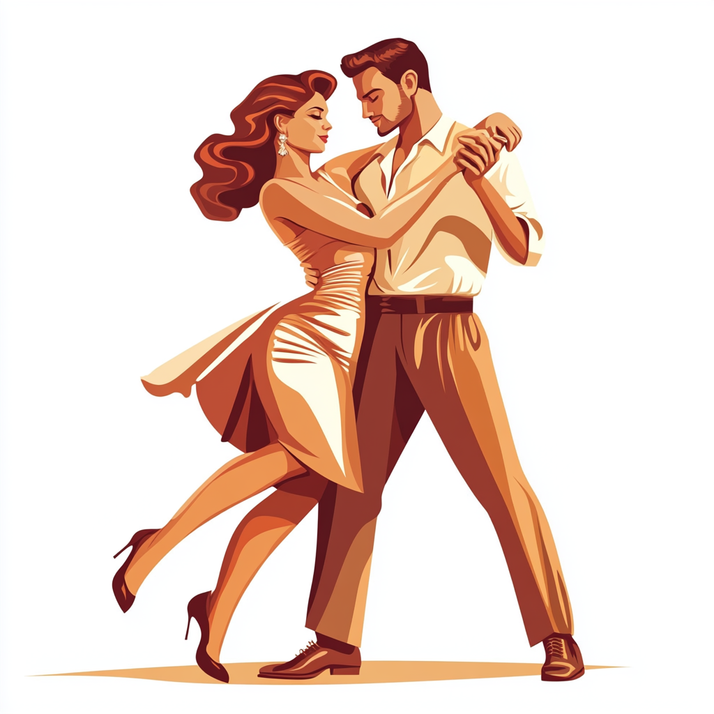 Professional ballroom dancers dancing cha-cha-cha in colorful vector style.