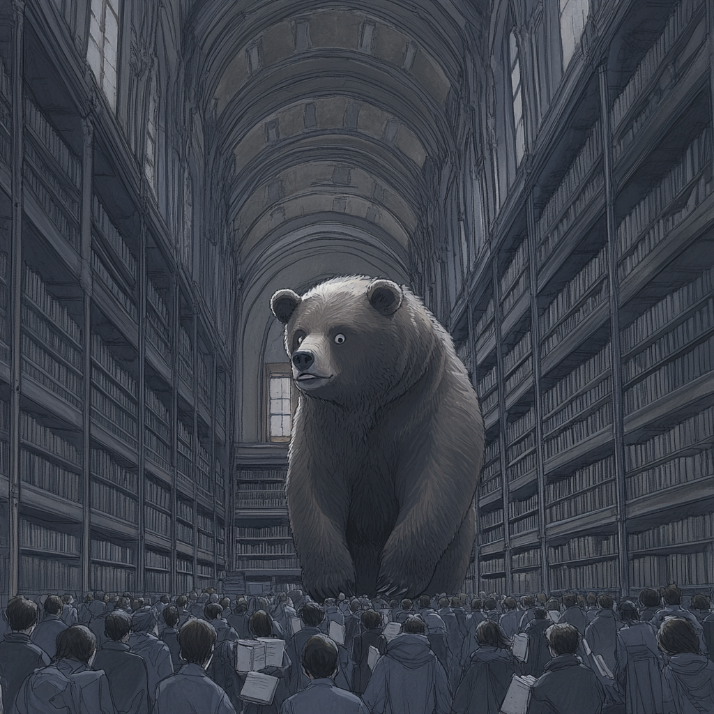 Prominent bear captures students' attention in dimly lit library.