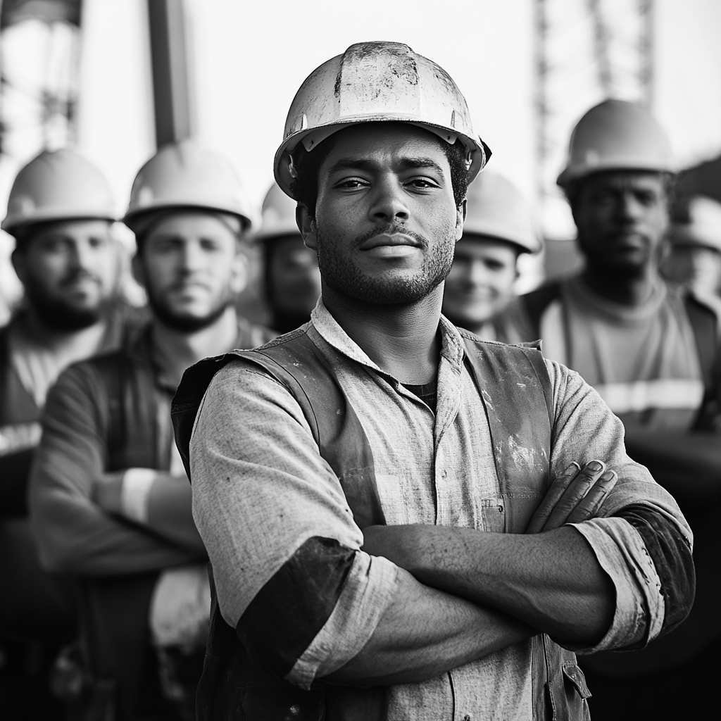 Proud multicultural construction workers pose with folded hands.