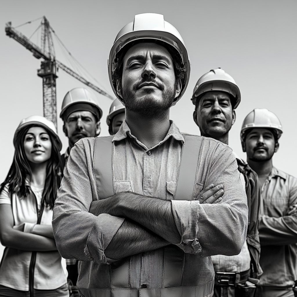 Proud multicultural workers in construction with helmets pose.