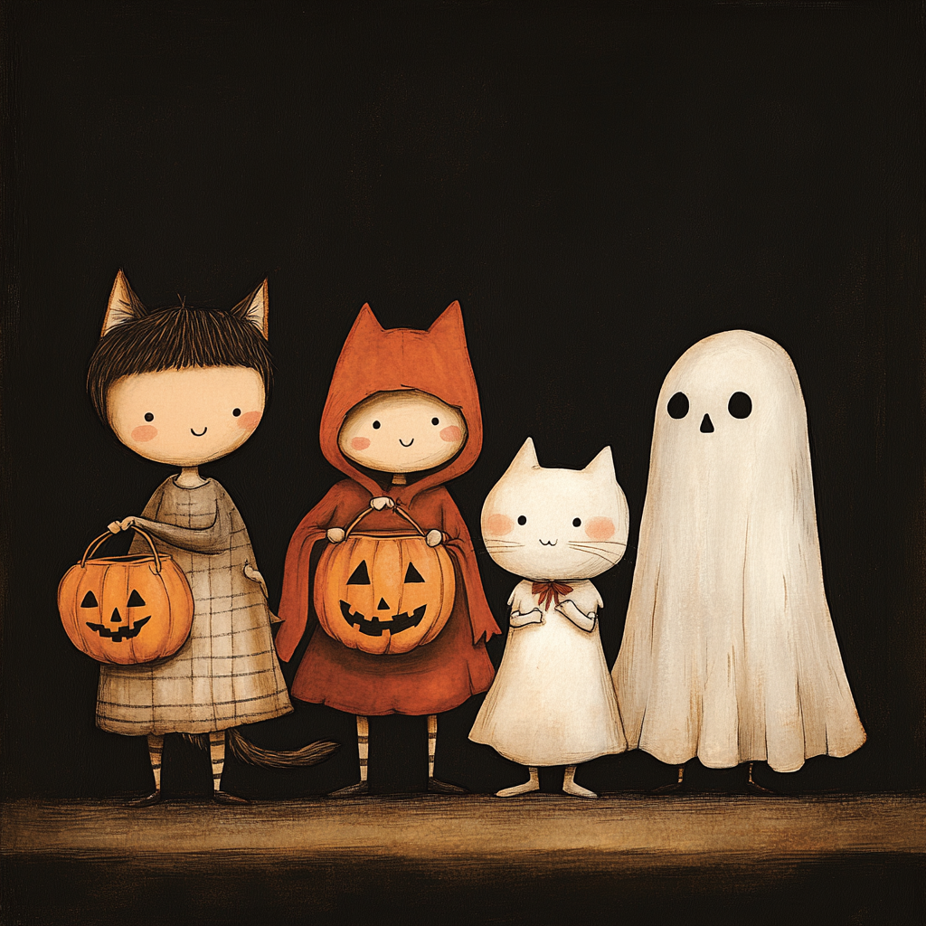 Pumpkin, cat, ghost, colorful costumes, black background illustration.